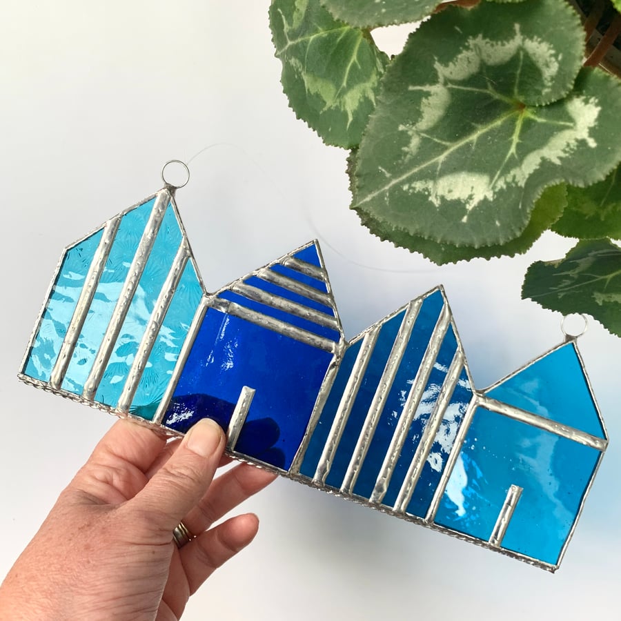 Stained Glass Suncatcher Beach Huts - Handmade Decoration - Turquoise and Blue