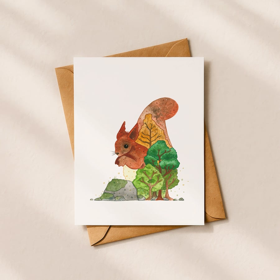 Image of Red Squirrel, A6 giclée greetings card with recycled brown envelope