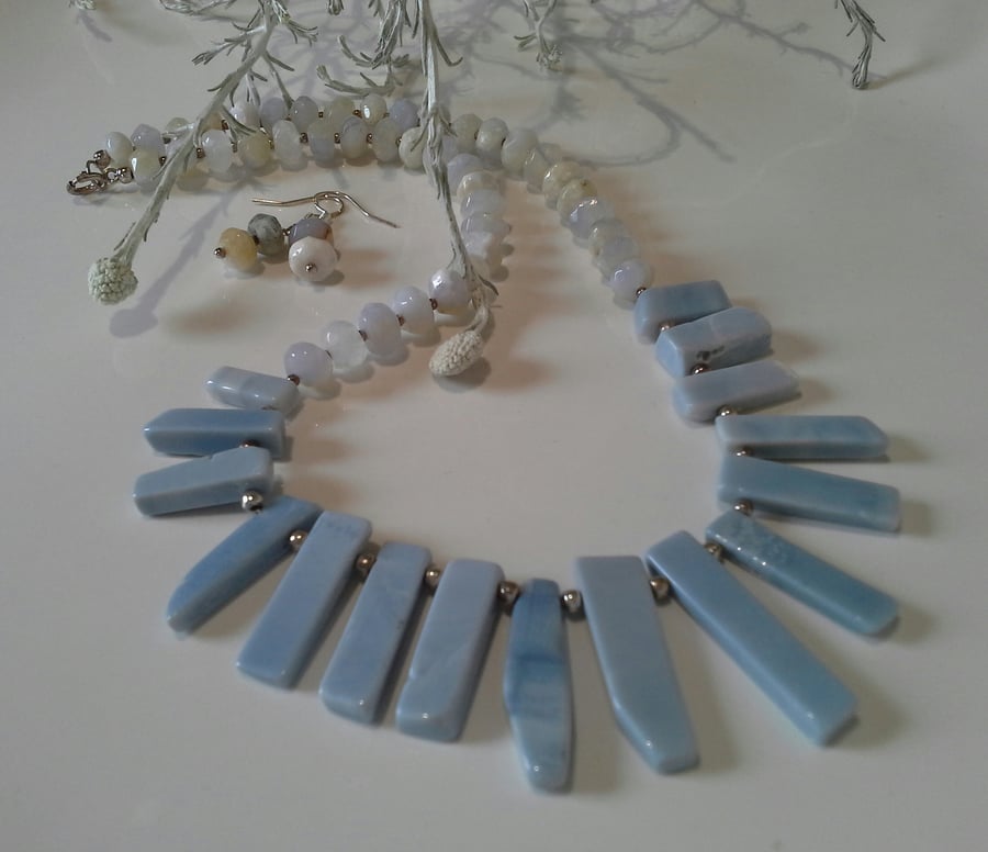 Tribal Design Genuine Blue Opal Choker Sterling Silver Necklace & Earrings