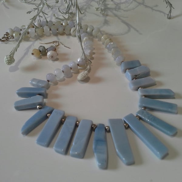 Tribal Design Genuine Blue Opal Choker Sterling Silver Necklace & Earrings