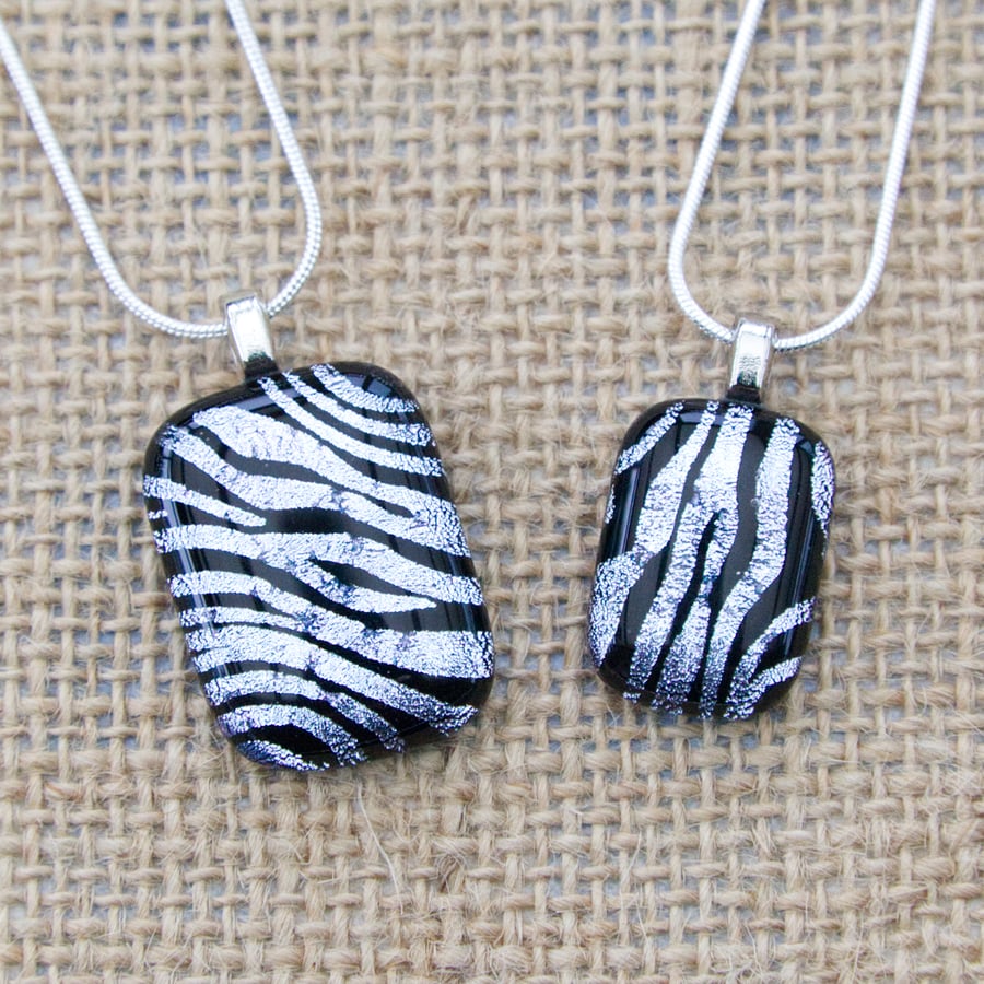 Zebra Print Sparkly Dichroic Fused Glass Pendants