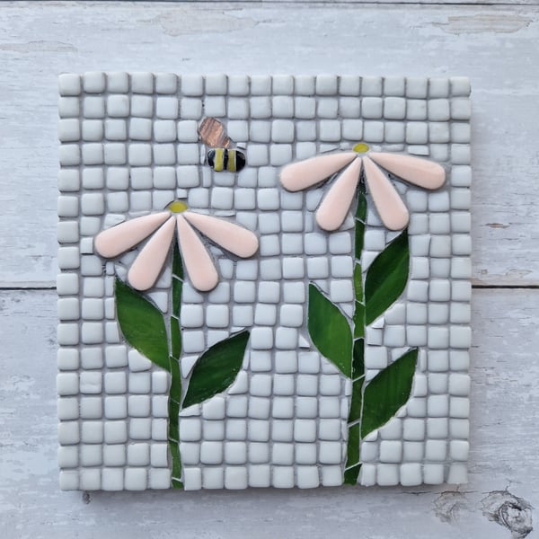 Mosaic flower plaque, pink flower mosaic, pink flowers, mosaic plaque, mosaic