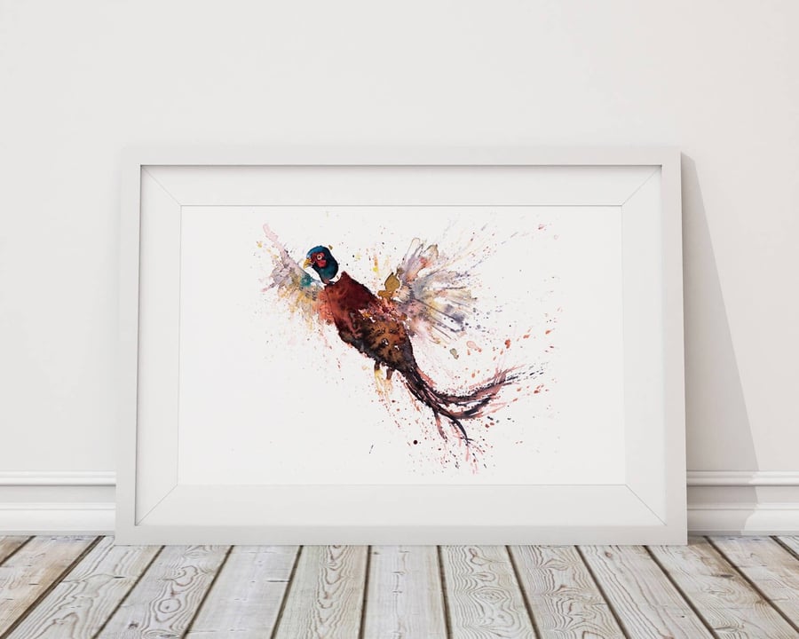 Flying Pheasant Watercolour Painting Print Abstract Wildlife Wall Art