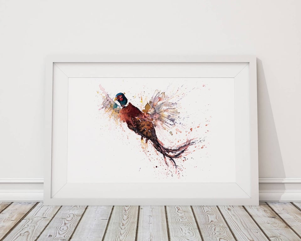Flying Pheasant Watercolour Painting Print Abstract Wildlife Wall Art