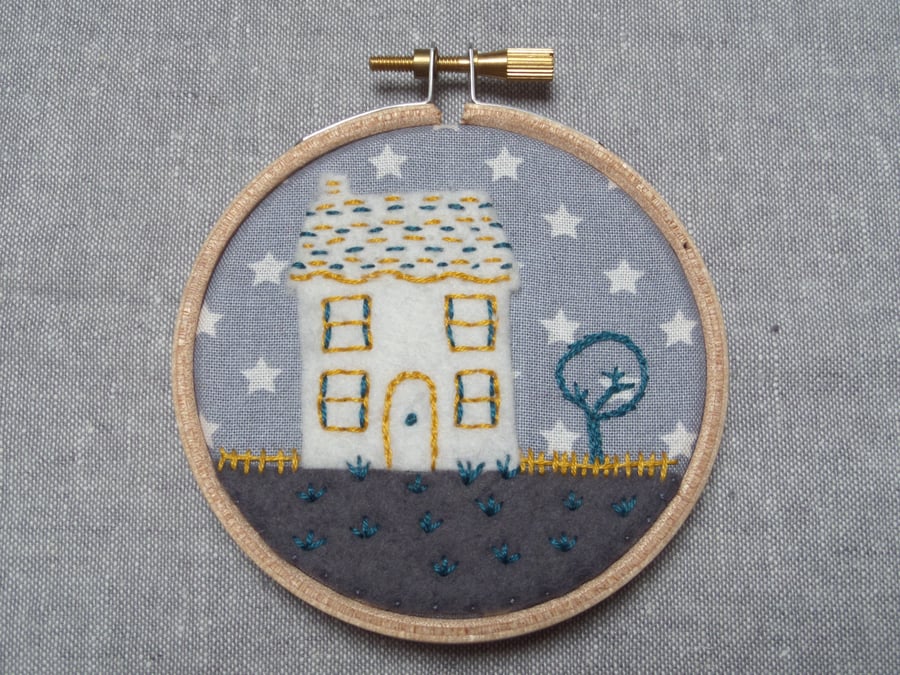 Embroidered House with Starry Sky Hoop Art