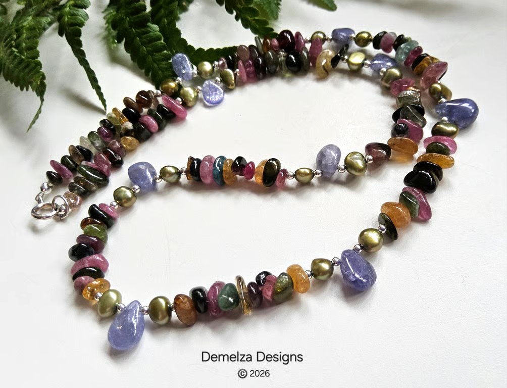 Tourmaline, Tanzanite & Freshwater Pearl Sterling Silver Necklace 