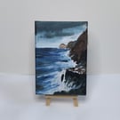 Irish Coastline, Eire, Mini Seascape Coastline Painting with Display Easel