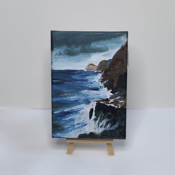 Irish Coastline, Eire, Mini Seascape Coastline Painting with Display Easel