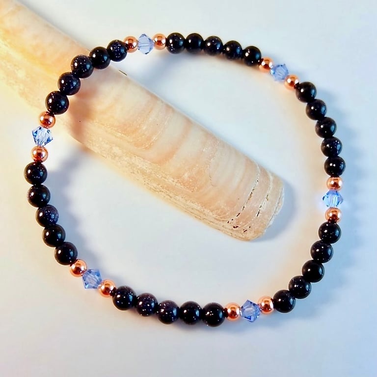 Blue Goldstone, Swarovski 'Light Sapphire' Crystal & Copper Bracelet-Free UK P&P