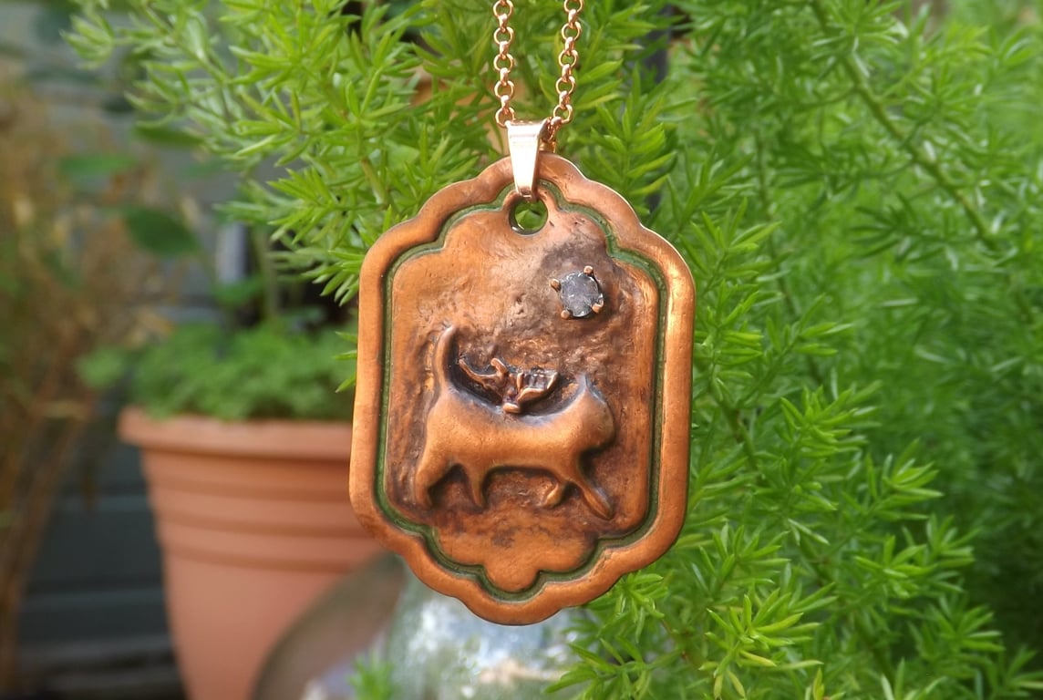 Recycled Copper Fairy Cat on Frame Pendant Necklace with Labradorite Gemstone.