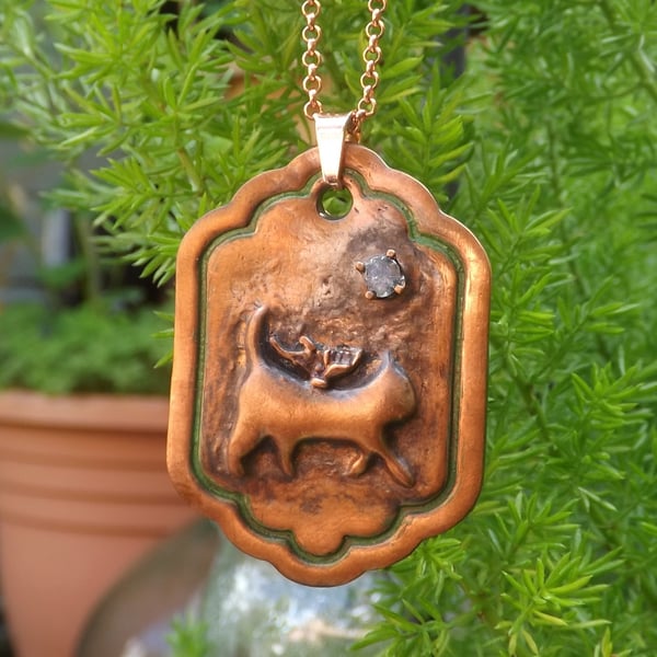 Recycled Copper Fairy Cat on Frame Pendant Necklace with Labradorite Gemstone.