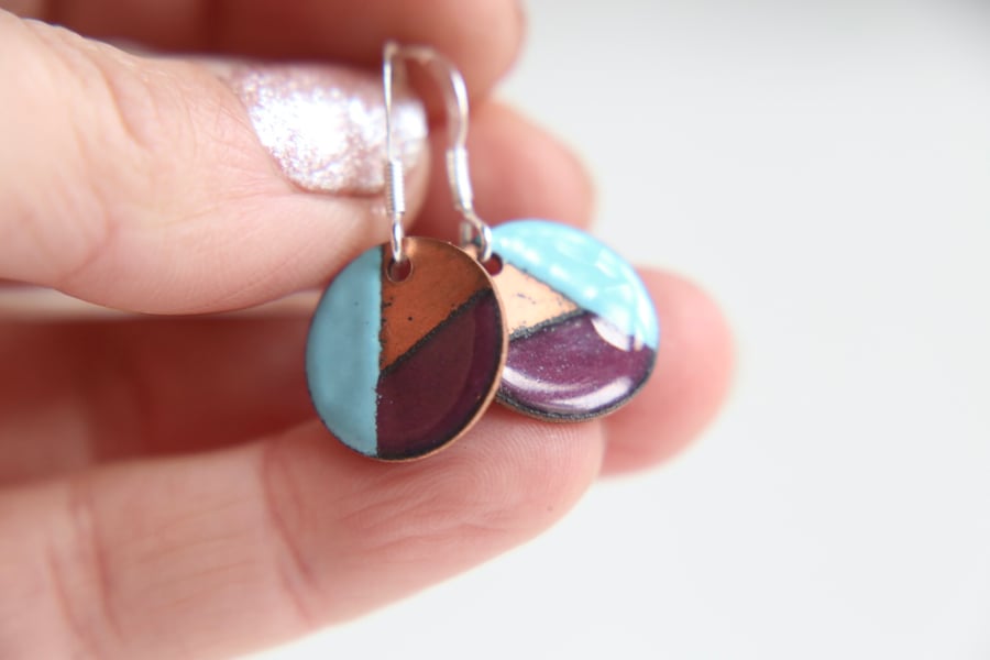 Copper, turquoise and deep purple Enamel Earrings Seconds Sunday Sale