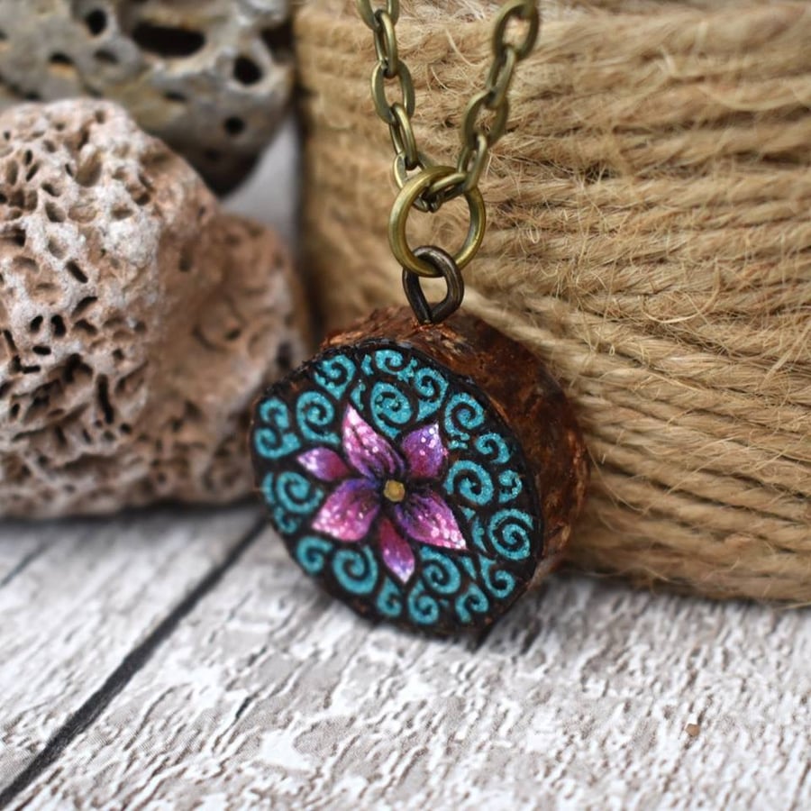 Pink blossom  pyrography pendant. Rustic branch slice nature necklace.