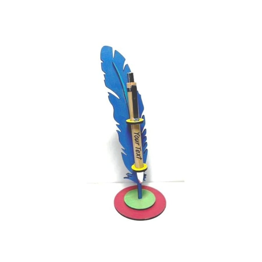 Engraved pen in Feather wooden stand - Office gift promotion gift