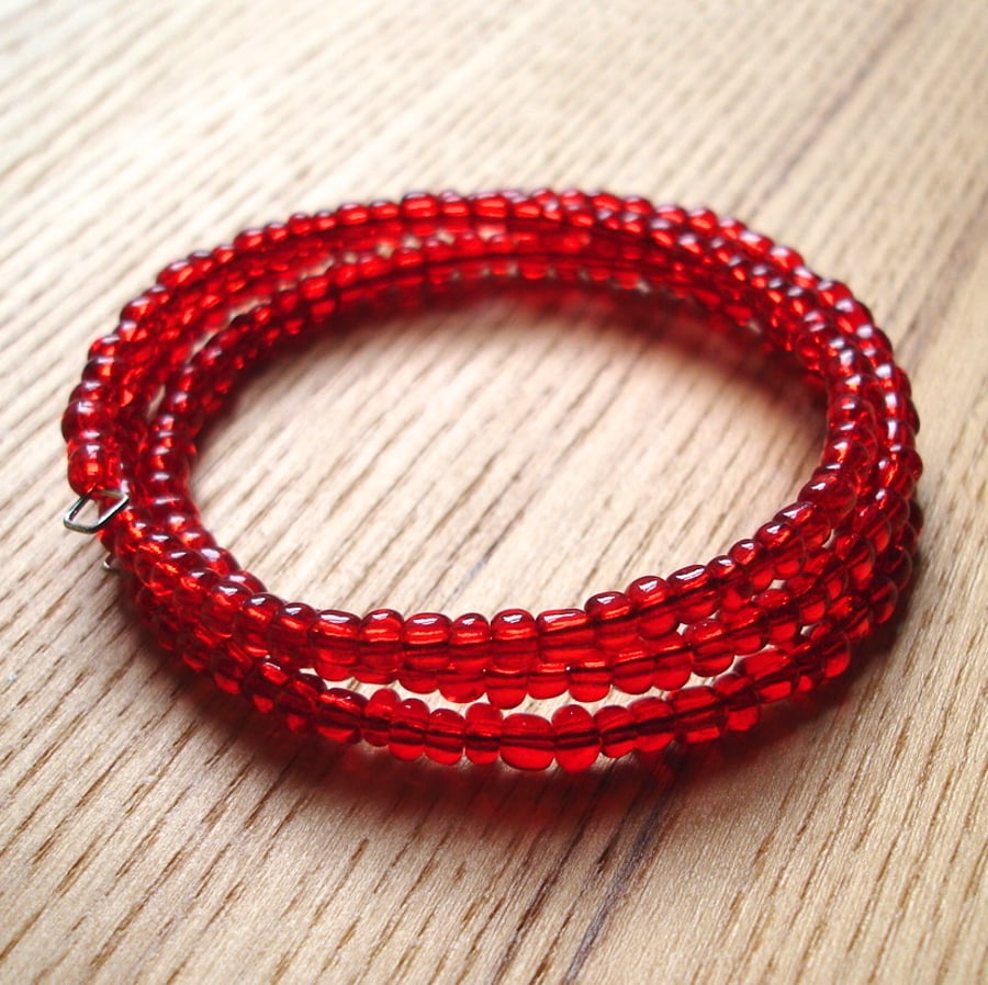 Red Glass Seed Bead Spiral Bracelet