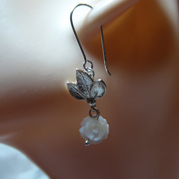  Sterling Silver & Mother of Pearl Rose & Leaves Earrings