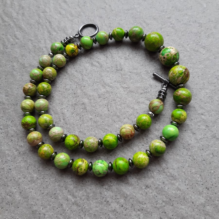 Green Terra Jasper and Haematite Beaded Necklace Black Tone Clasp