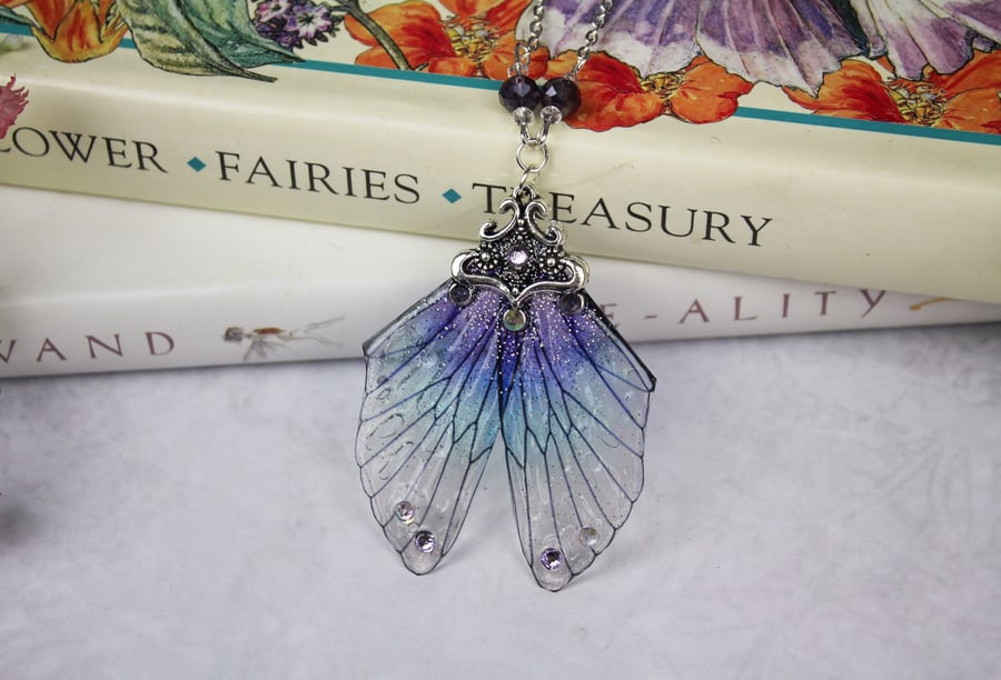 Sparkling Fancy Midnight Water Blue Cicada Fairy Wing Butterfly Necklace Boho
