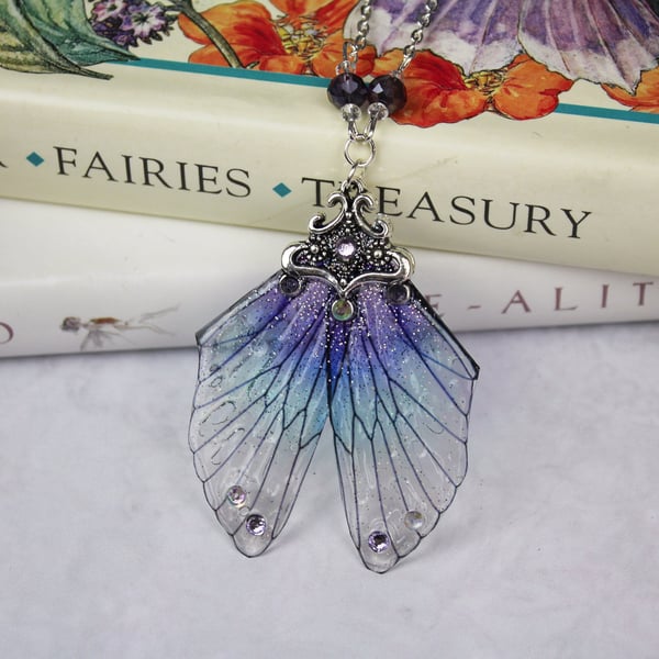 Sparkling Fancy Midnight Water Blue Cicada Fairy Wing Butterfly Necklace Boho