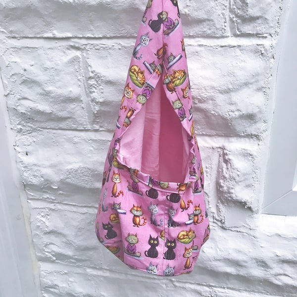 Cat Wigwam Peg Bag, Lined Pink Cotton Laundry Bag, Clothespins Holder