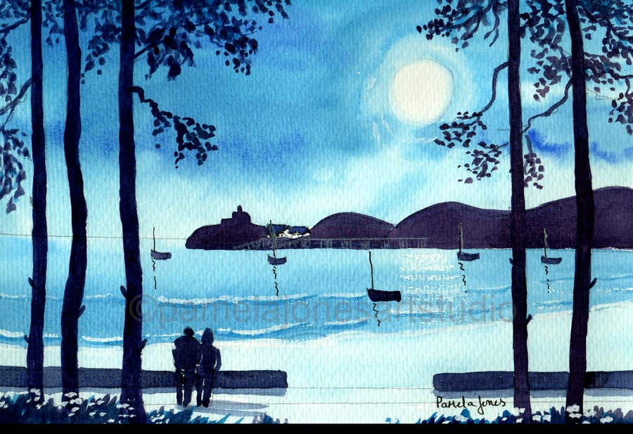 Moonlight Walk, Mumbles, Swansea Bay, Original Watercolour in 14 x 11 '' Mount