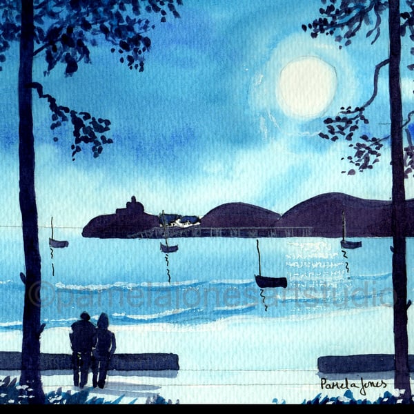 Moonlight Walk, Mumbles, Swansea Bay, Original Watercolour in 14 x 11 '' Mount