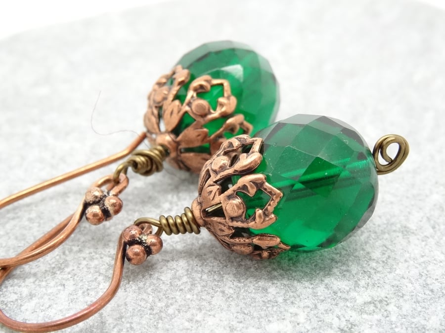Czech Glass Earrings, Emerald Green Earrings, Faceted Glass Earrings,  