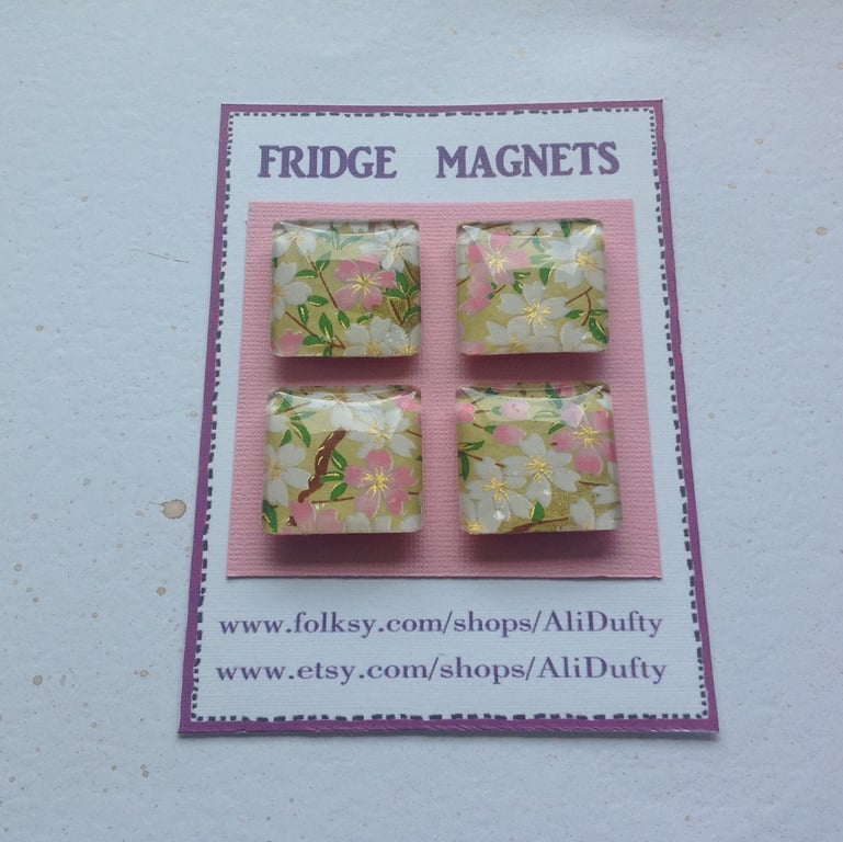 FRIDGE MAGNETS ( set of 4 ) Yuzen. ( screenprinted ) .Cherry blossom , Sakura. 