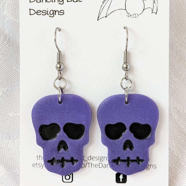 Purple Skull Dangle Earrings With Black Eyes, Polymer Clay Jewellery
