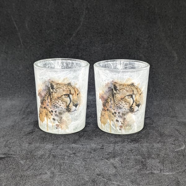 Decoupage, set of two tealight holders decorated with images of a Cheeta