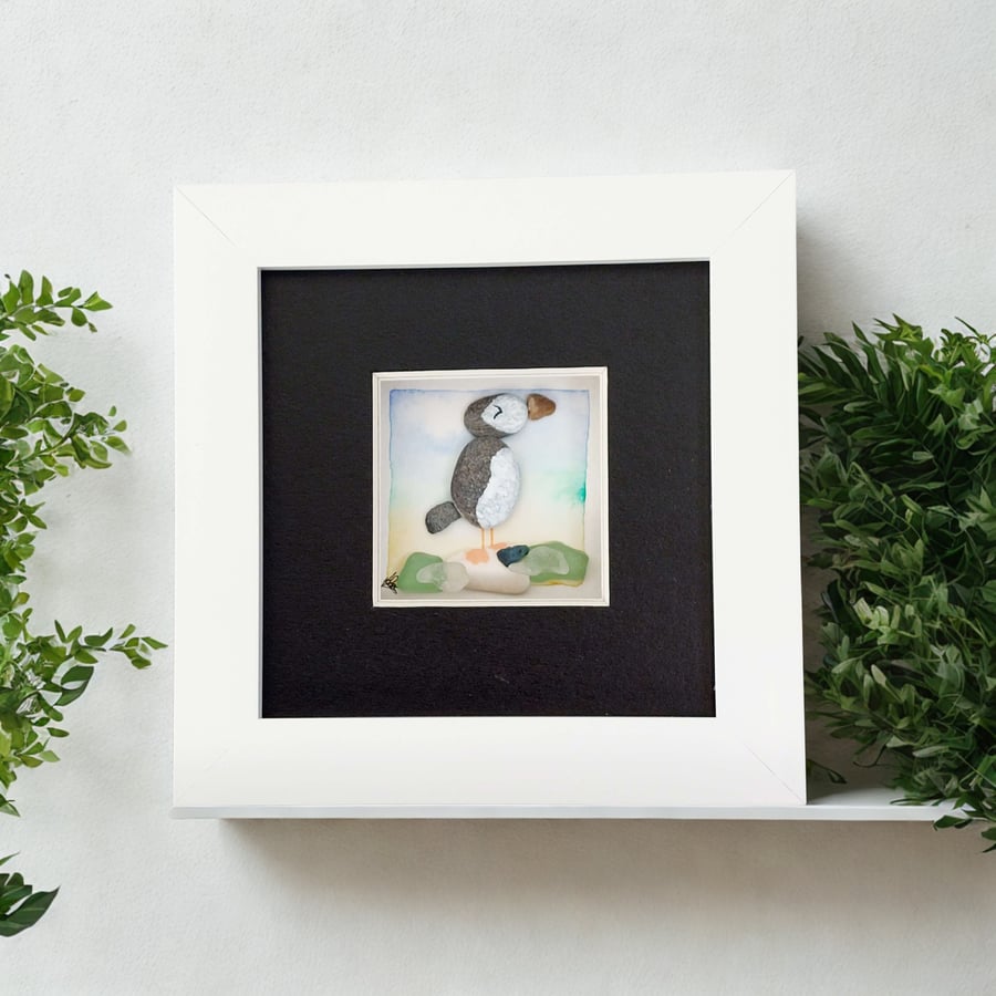 Puffin Desk Art Original Sea Glass and Watercolour - Coastal Picture Gift