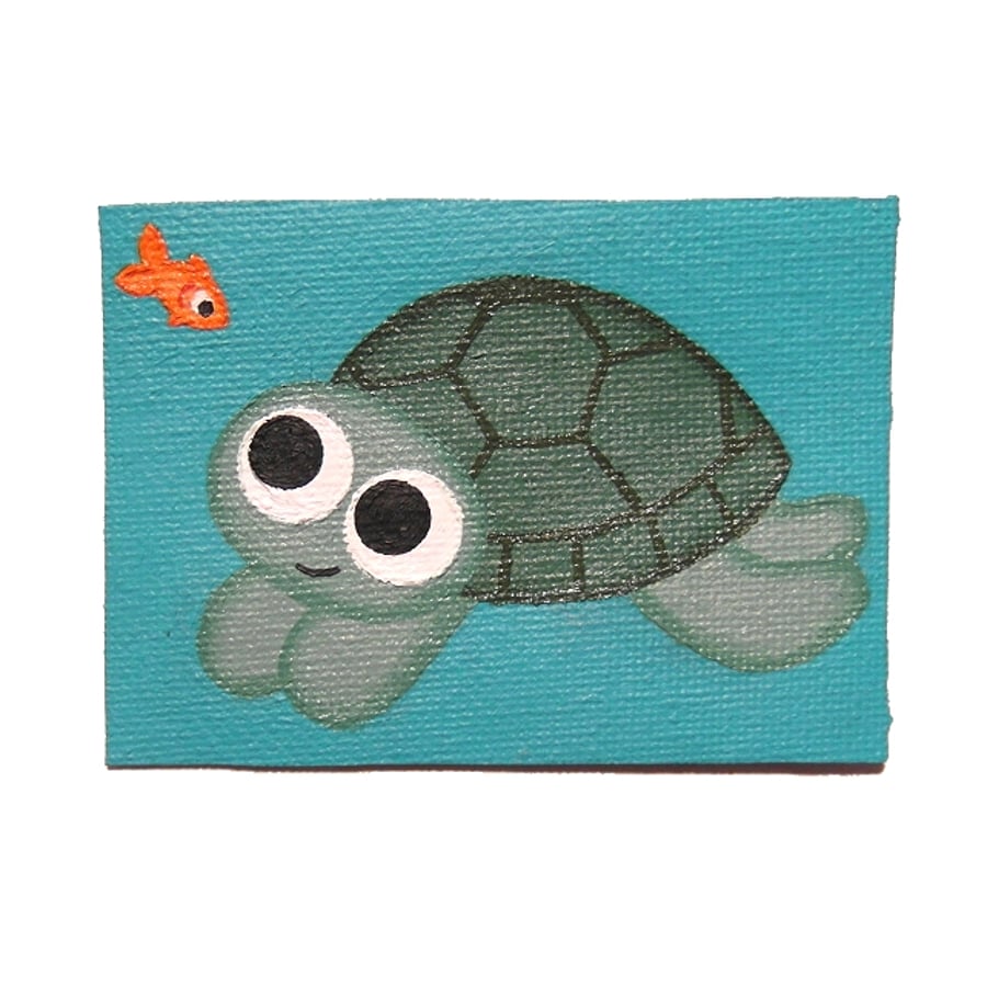 Turtle ACEO - small original acrylic painting of cute underwater scene