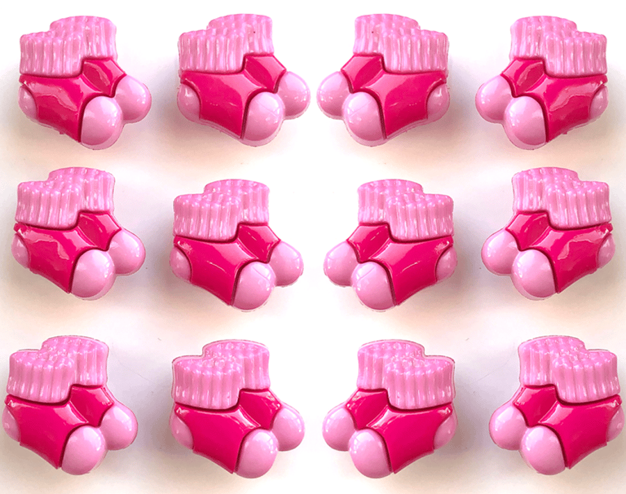 12 Baby Bootie Buttons, Pink, 15mm Tall, 18mm Wide, Pack of 12, Shank Backed