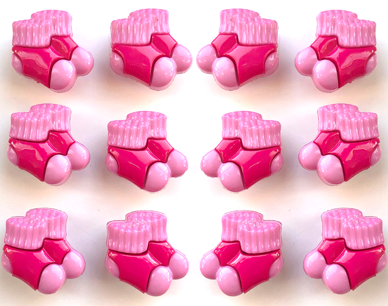 12 Baby Bootie Buttons, Pink, 15mm Tall, 18mm Wide, Pack of 12, Shank Backed