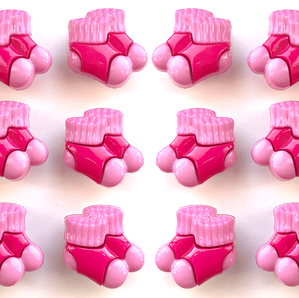 12 Baby Bootie Buttons, Pink, 15mm Tall, 18mm Wide, Pack of 12, Shank Backed