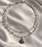 Silver-Tone Double Strand Necklace with Clear Glass Beads and Shell Pendant