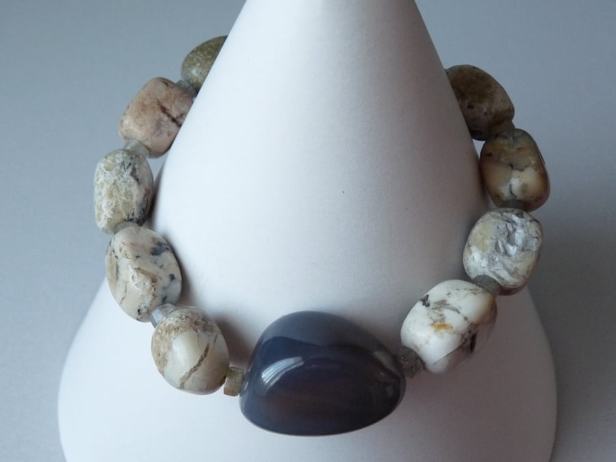 Agate, Labradorite & Natural Opal Bracelet - Genuine Gemstone - Sterling Silver