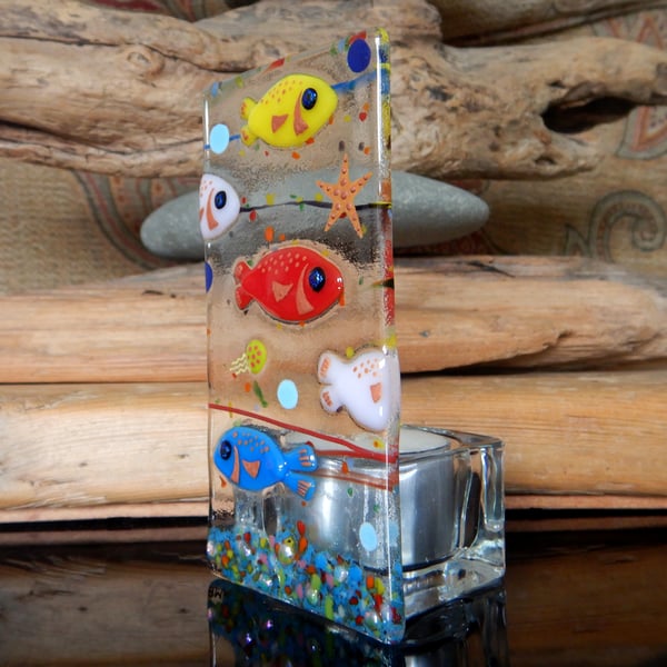 Handmade Fused Glass 'Fish' T Light Holder