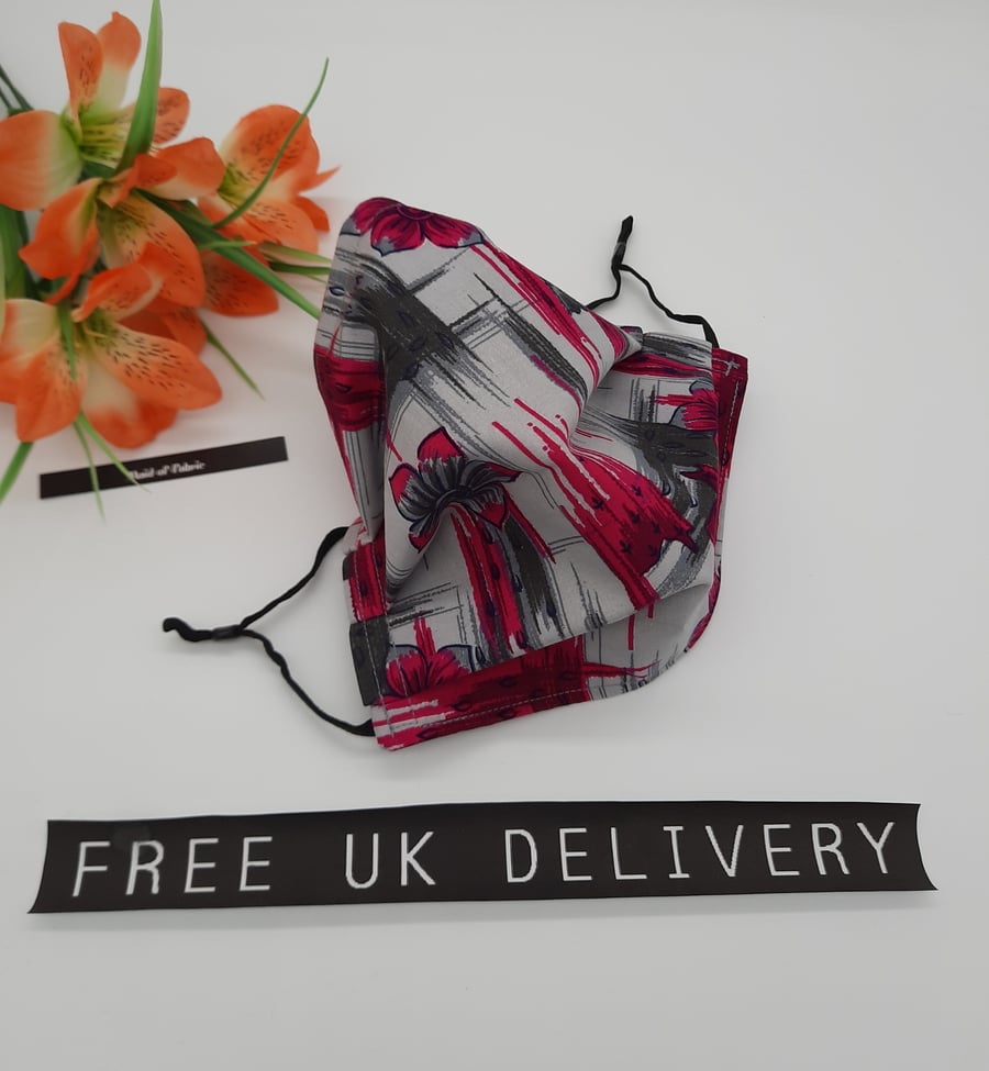 Face mask, large, adjustable, 3 layer,  washable in pink and grey 