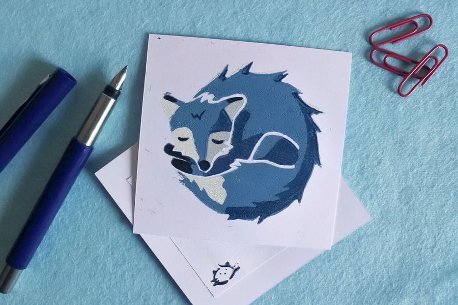 Prussian Blue Sleeping Fox – Original Handmade Lino Print – Flat Card