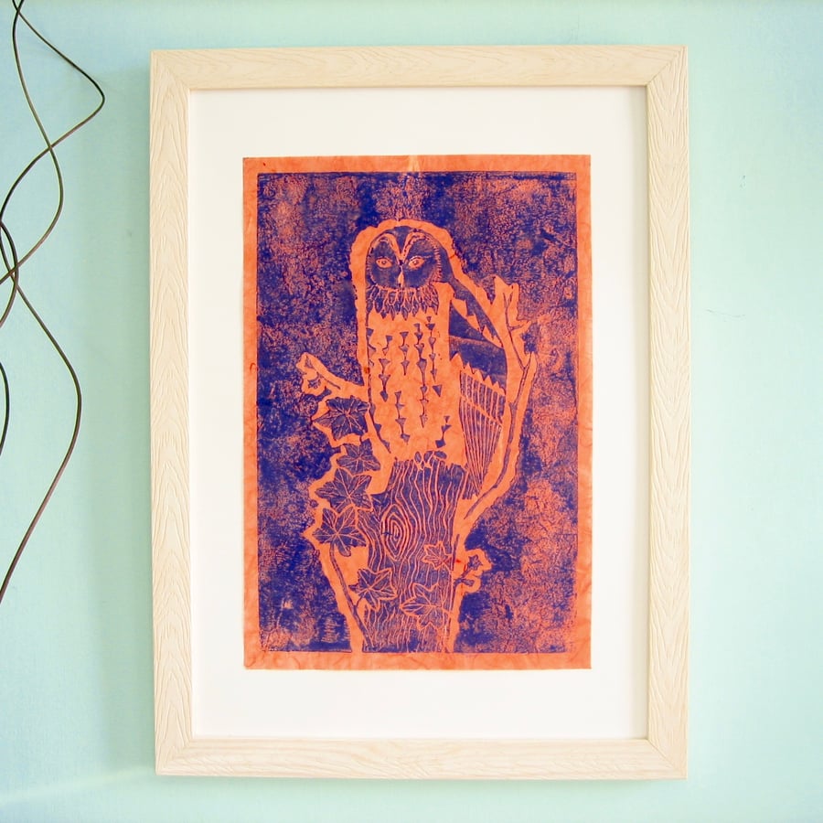 Owl Print in Blue on Orange Handmade Paper
