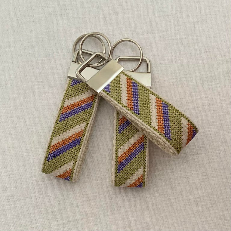Cross Stitch Keyring: Lime, Orange, Purple Embroidered Linen Key Fob