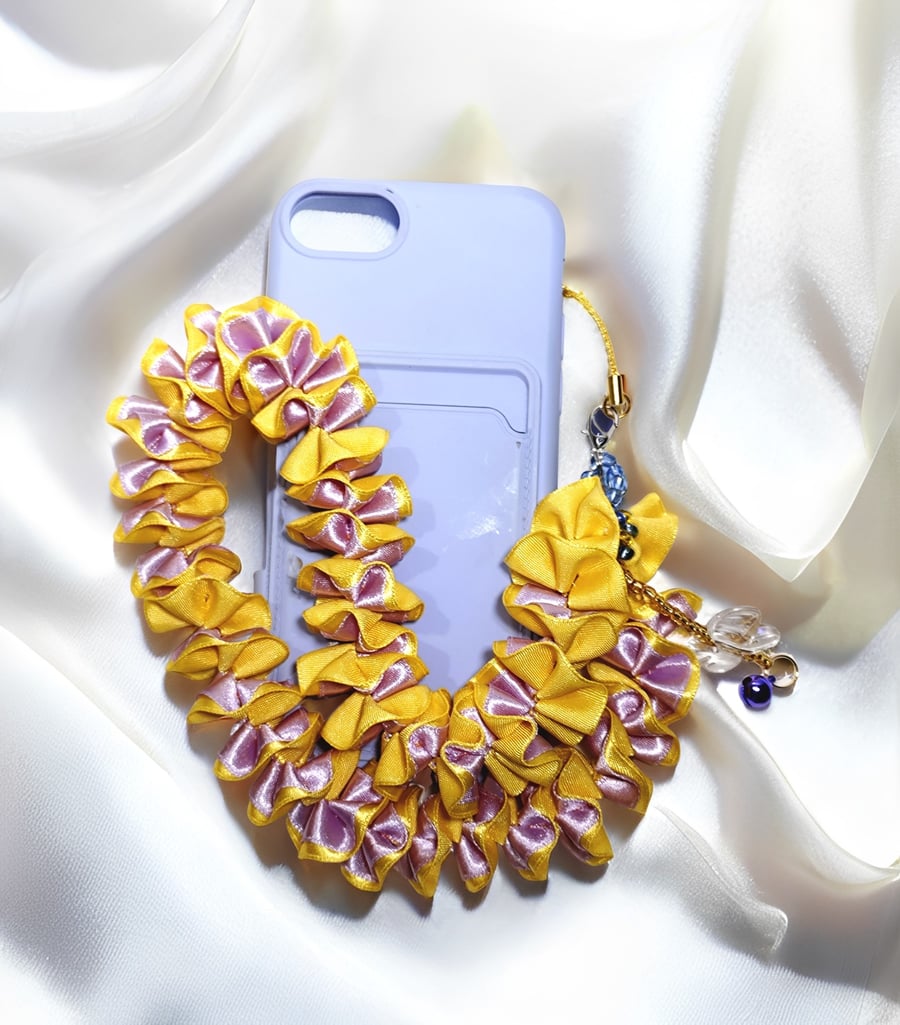 Yellow & Purple Ribbon Phone Strap with Beads & Butterfly