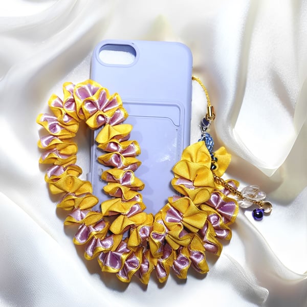 Yellow & Purple Ribbon Phone Strap with Beads & Butterfly
