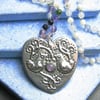 Heart Necklace with Amethyst and Gemstones, Birds Design