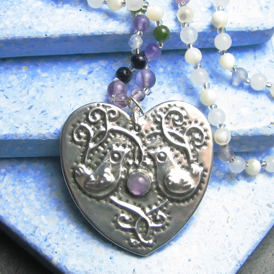 Heart Necklace with Amethyst and Gemstones, Birds Design