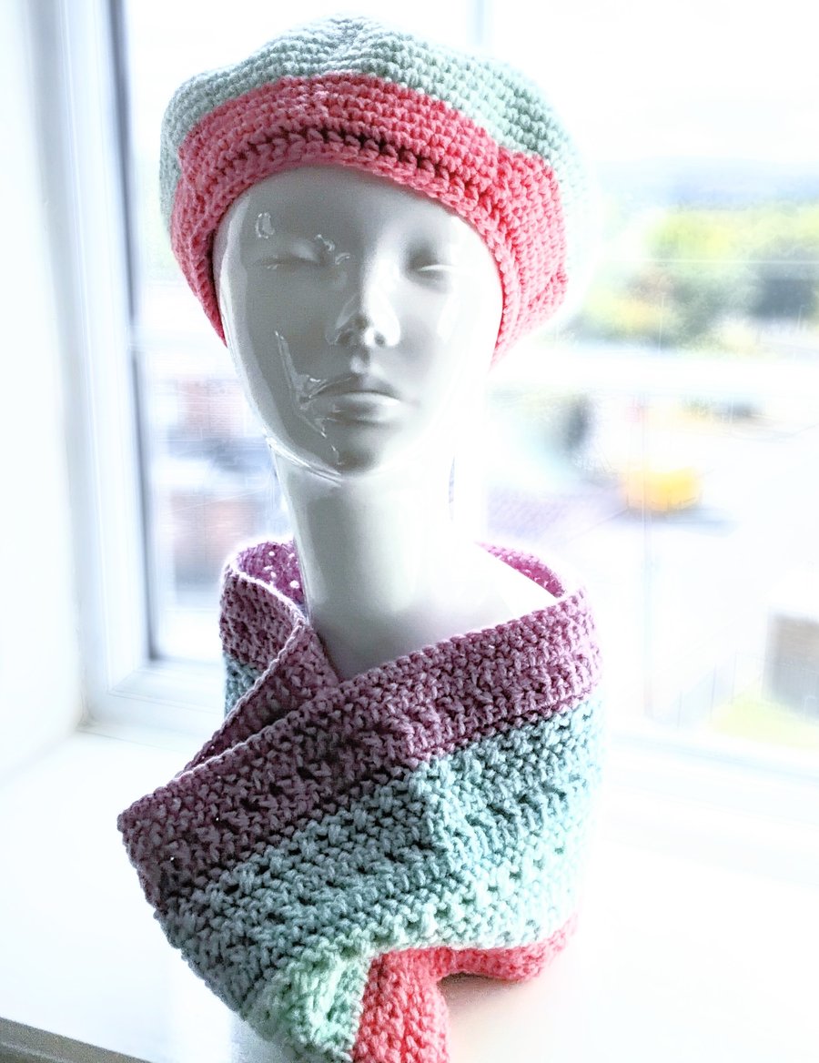 Chunky Crochet Beret and Infinity Scarf Set in Pastel Colours