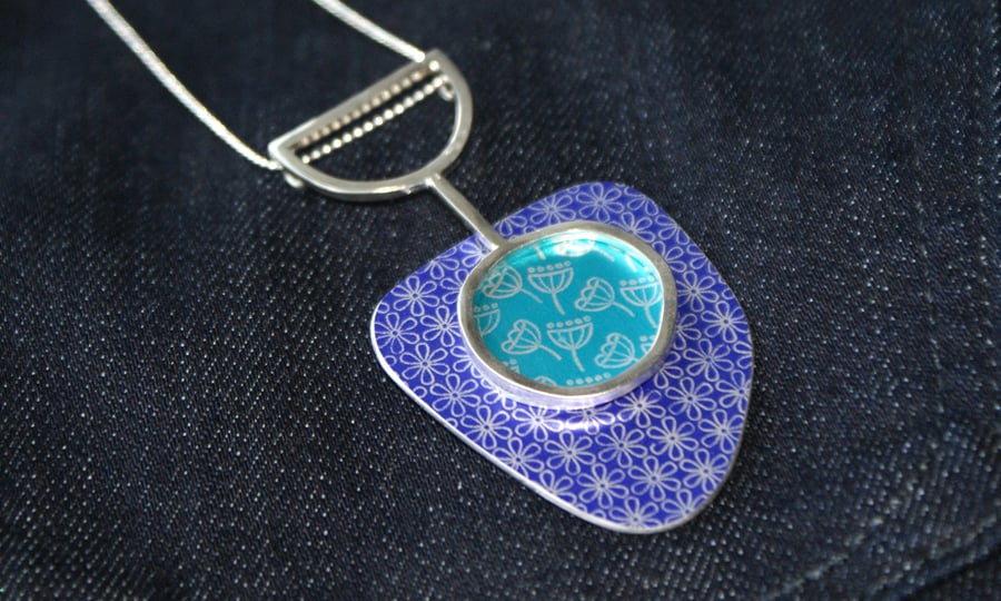 Silver, purple and turquoise statement pendant - flower and seed head pattern