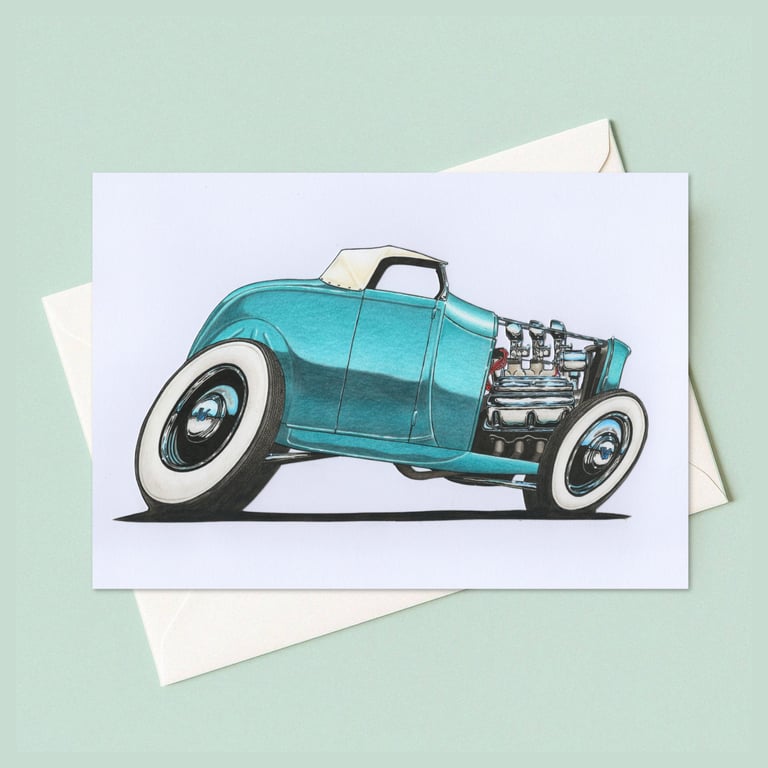 American Hot Rod Greeting Card: Hand Drawn Classic Car Illustration (408)