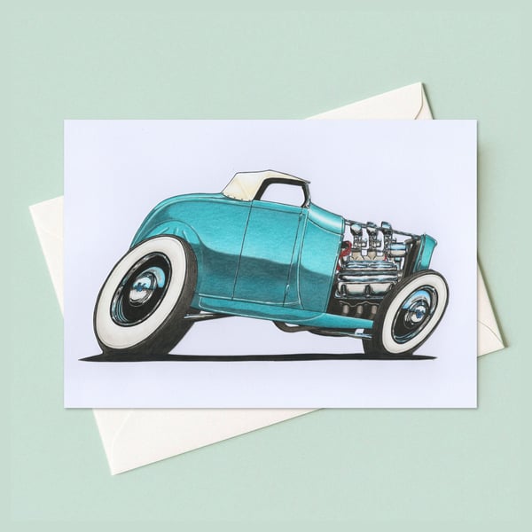 American Hot Rod Greeting Card: Hand Drawn Classic Car Illustration (408)